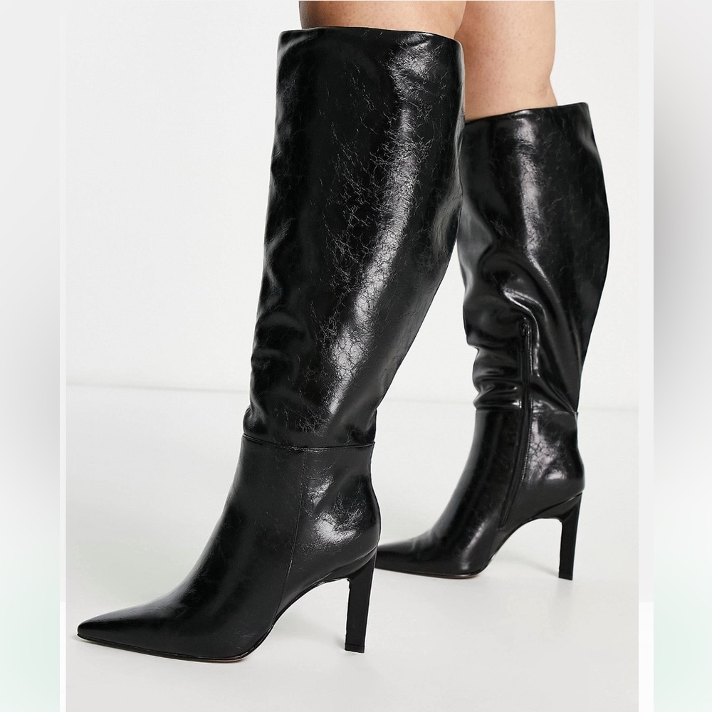 ASOS Design Curve Wide Calf Heeled Knee High Boots in Shiny Black - Size US 11